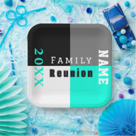 Prato De Papel Reunião de família personalizada em aqua, preto e