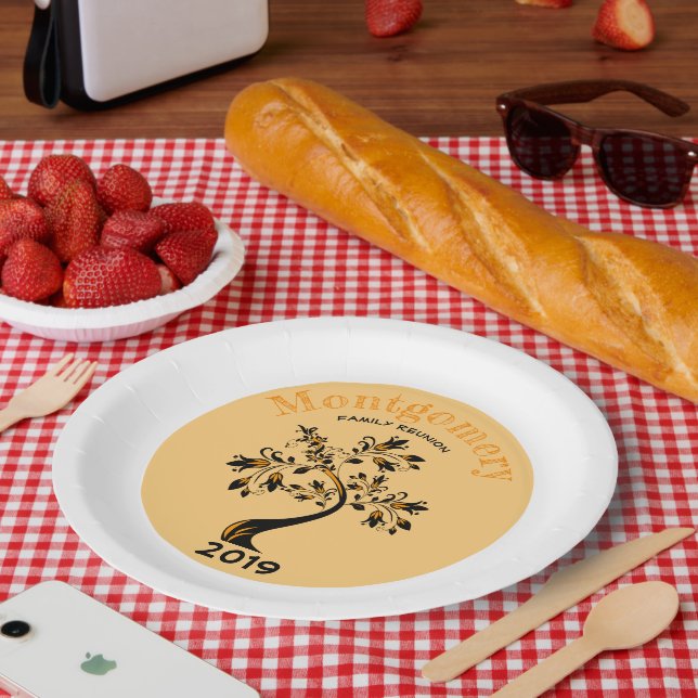 Prato De Papel Reunião Familiar Árvore Floral Moderna Laranja e P (Piquenique)