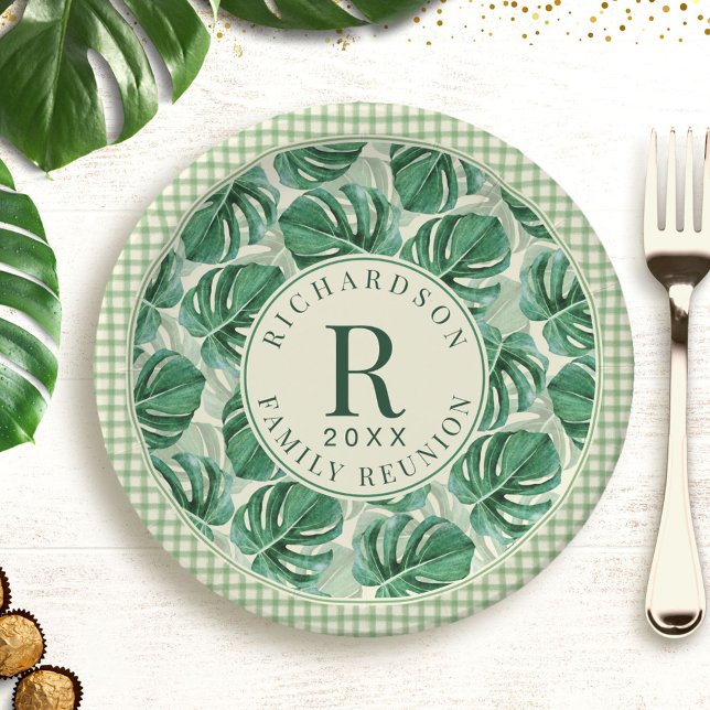 Prato De Papel Reunião Tropical Monstera Leaf Family Monogramed (Criador carregado)