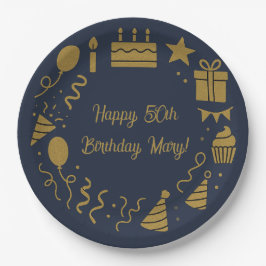 Prato De Papel Rico Midnight Navy - Aniversário Luxuoso Dourado