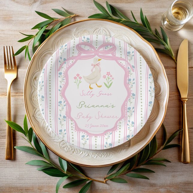 Prato De Papel Rimas infantis do ganso rosa meninas chá de bebê p (Goose nursery rhymes pink ribbon girls preppy silly goose baby shower custom paper plates)