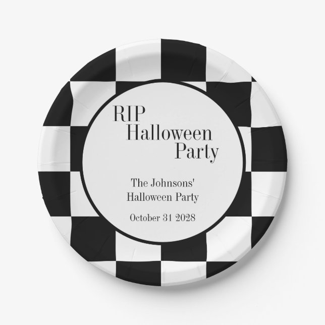 Prato De Papel RIP Halloween Black and White Check Party (Frente)