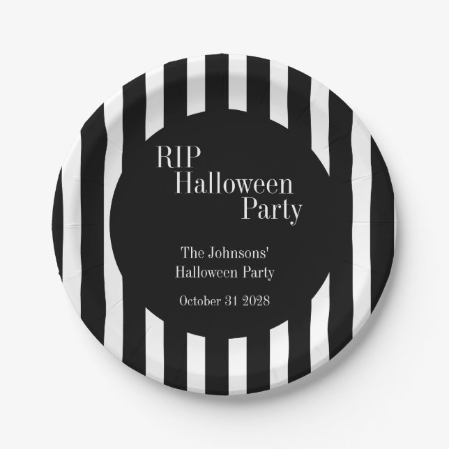 Prato De Papel RIP Halloween Black and White Stripe Party (Frente)