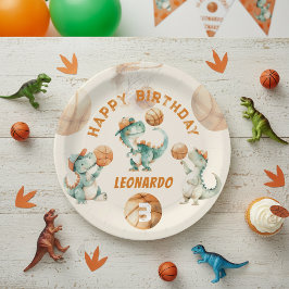 Prato De Papel Roar & Score Basketball Dino Boy Birthday