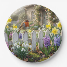 Prato De Papel Robin em uma cerca de jardim de primavera