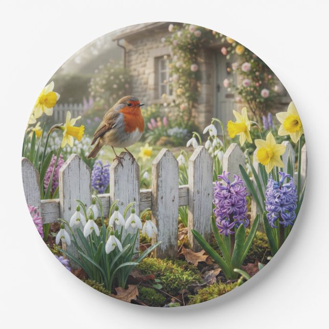 Prato De Papel Robin On a Spring Garden Picket Fence (Frente)