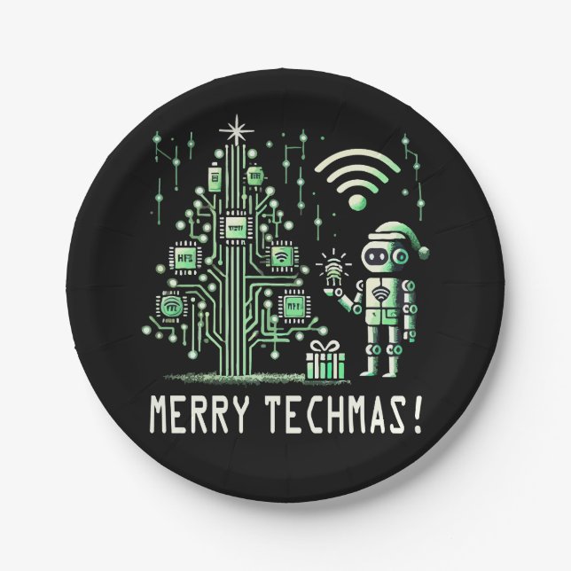 Prato De Papel Robô de IA com Árvore de Natal Tech – Feliz Techma (Frente)