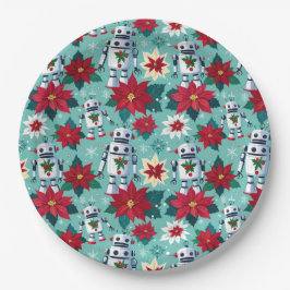 Prato De Papel Robôs de Natal e Poinsettias