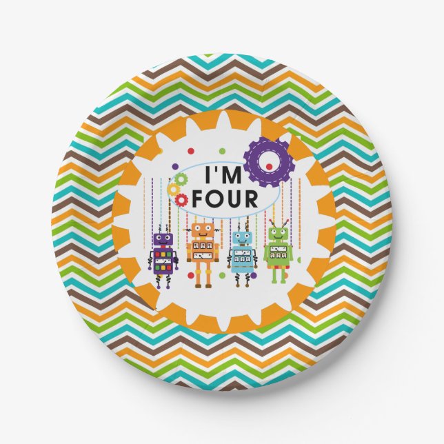 Prato De Papel Robôs - Quatro placas de papel de aniversário (Frente)