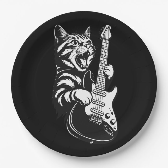 Prato De Papel Rock Cat Playing Electric Guitar | Cool Music Love (Frente)