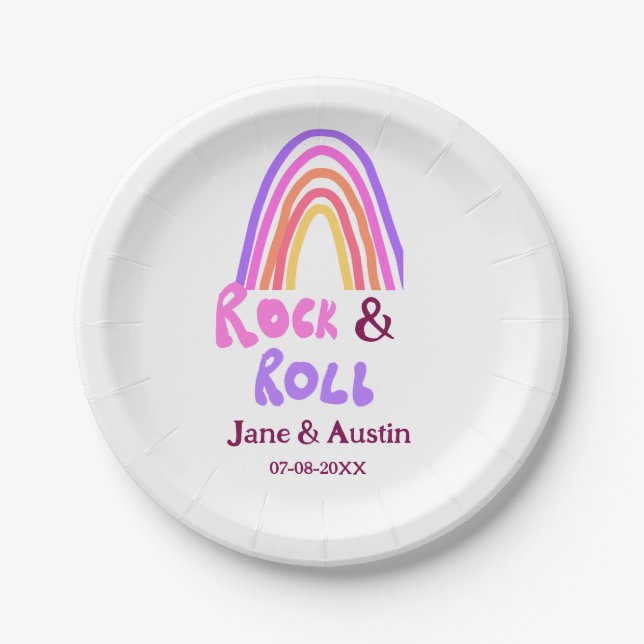 Prato De Papel Rock & roll wedding add couple name retro rainbow  (Frente)
