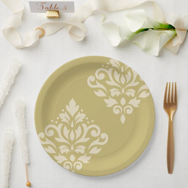 Prato De Papel Rolar Damask Art I Creme em Dourado (Casamento)