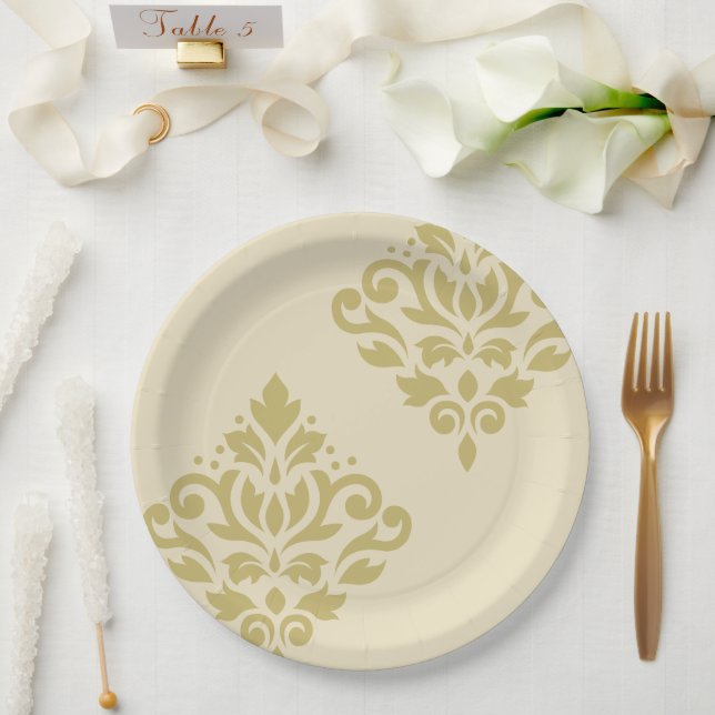 Prato De Papel Rolar Damask Art I Dourado em Creme (Casamento)