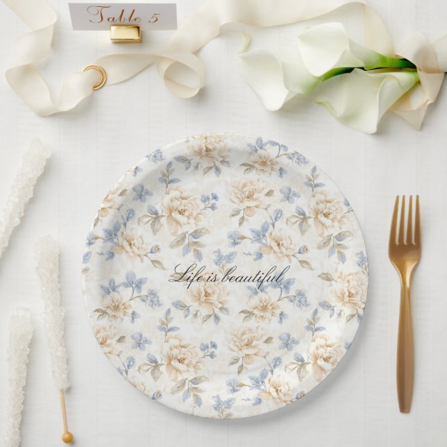 Prato De Papel Romantic Cream Floral Blue Leaves Wedding (Casamento)