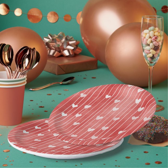 Prato De Papel Romantic Red White Stripes Hearts Love (Múltiplo)