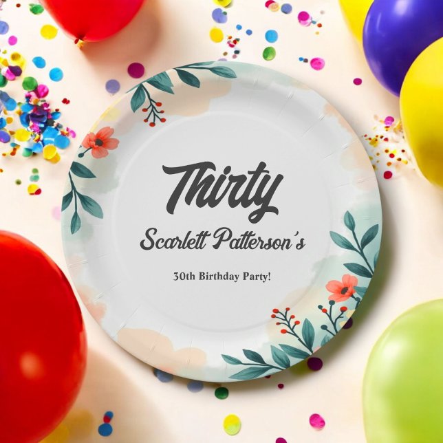 Prato De Papel Romântica Aquarela Floral aniversário de 30 anos (Criador carregado)