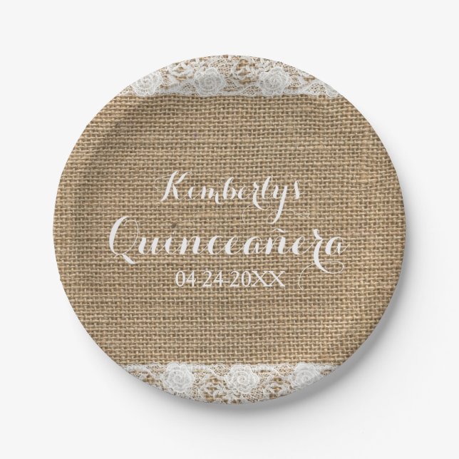 Prato De Papel Romântica Lace e burlap Quinceañera Paper Plates (Frente)