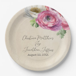 Prato De Papel Romântico Rústico Rosa & Branco Ranunculus