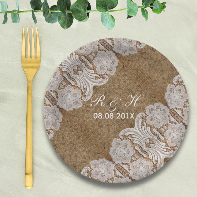 Prato De Papel romba de casamento e renda do país russo ocidental (rustic western country wedding burlap and lace paper plates)