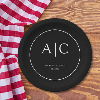 Prato De Papel Ronda de Casamento do Monograma Negro Elegante Mod