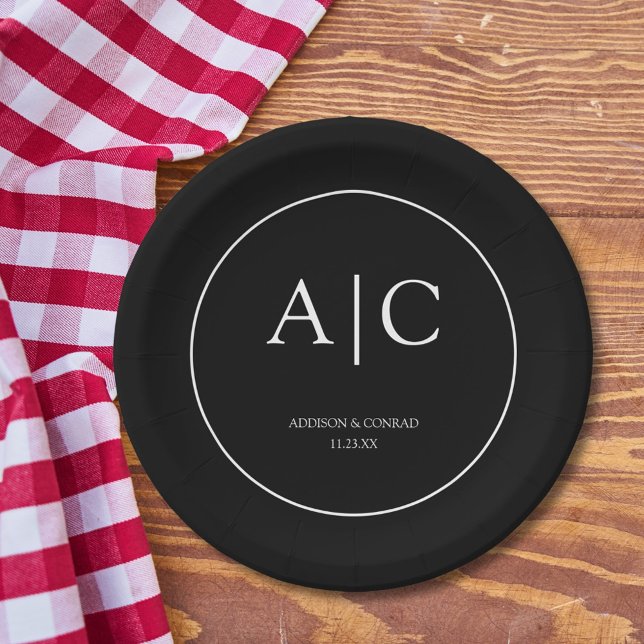 Prato De Papel Ronda de Casamento do Monograma Negro Elegante Mod (Criador carregado)