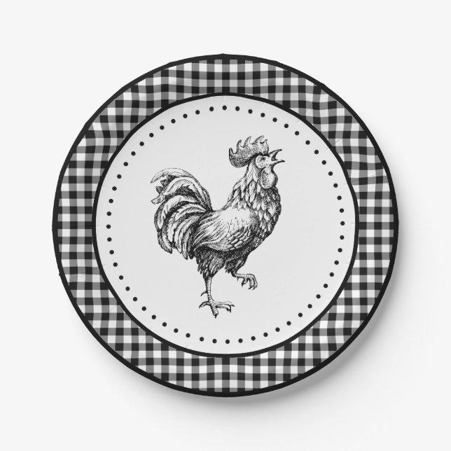 Prato De Papel Rooster Gingham (Frente)