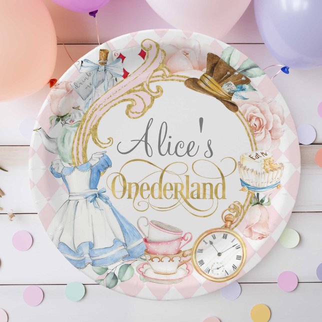 Prato De Papel Rosa, Alice Onederland, primeiro aniversario de Me (Pink, Alice Onederland, girl 1st birthday, Mad hatter tea party birthday paper plate.)