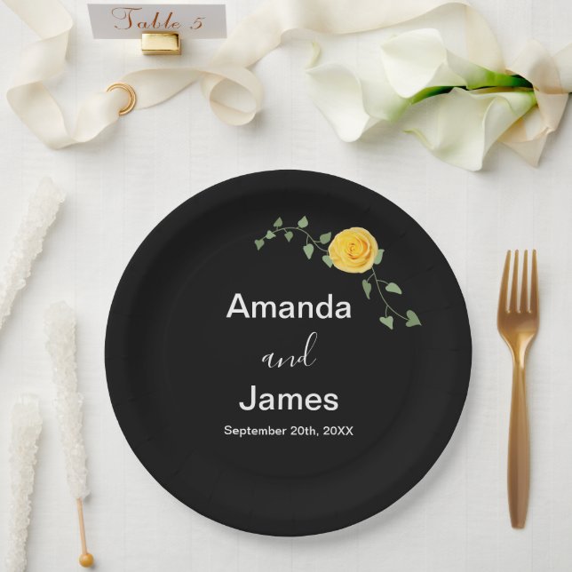 Prato De Papel Rosa Amarela e Vinha Verde Elegante Casamento Pret (Casamento)