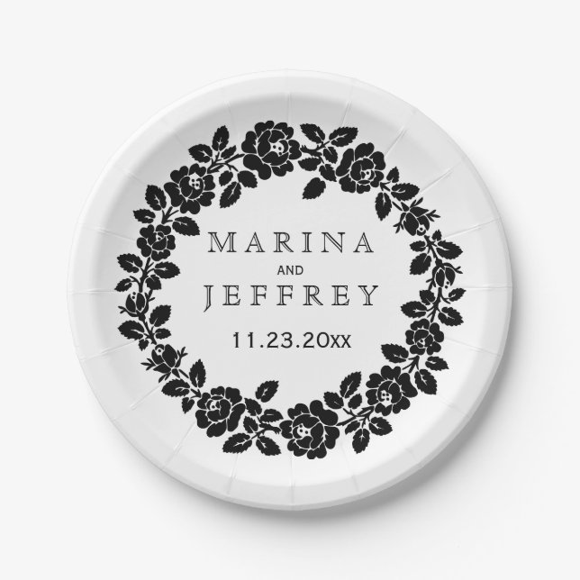 Prato De Papel Rosa branco preto no casamento floral moderno (Frente)