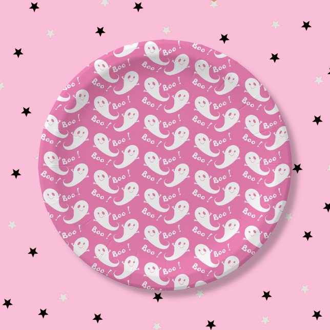 Prato de Papel Rosa com Padrão de Fantasma Fofo e  (Spooky Cute Ghost Pattern Pink Halloween Paper Plate .)