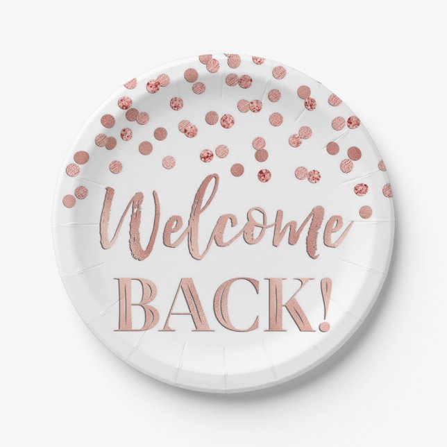 Prato De Papel Rosa Confetti Dourado Bem-vindo Placas de Papel Tr (Frente)