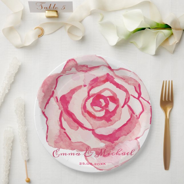 Prato De Papel Rosa de Aquarela Rosa Elegante, Casamento Personal (Casamento)