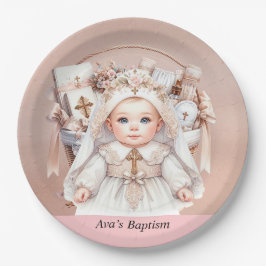Prato De Papel Rosa de Batismo Dourado Cesta de Natal