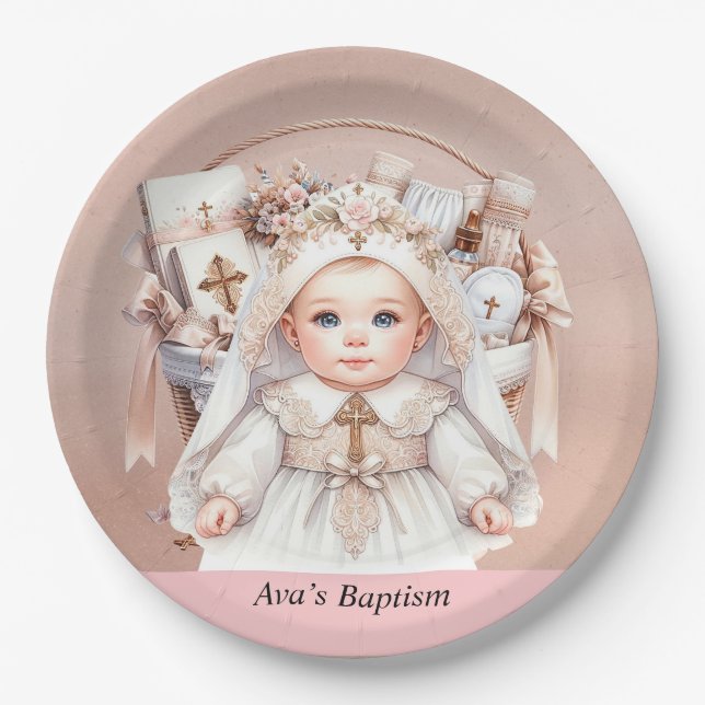 Prato De Papel Rosa de Batismo Dourado Cesta de Natal (Frente)