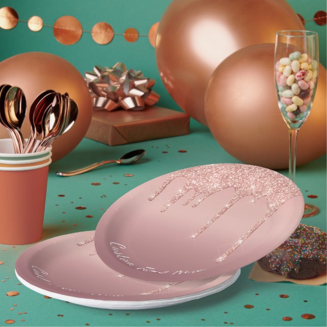Prato De Papel Rosa de Texto Personalizado Dissipadores Sparkle L (Múltiplo)