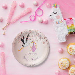 Prato De Papel Rosa dourado, estrelas brilhantes, chá de fraldas 