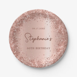 Prato De Papel Rosa Dourado Folha de Leve 60º Monograma de Aniver