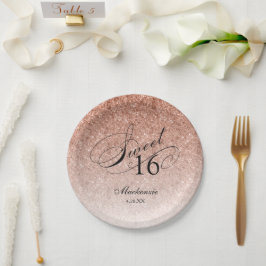 Prato De Papel Rosa Dourado Glitter Sweet 16 Personalizado