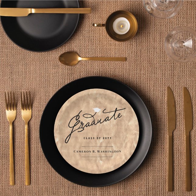 Prato De Papel Rosa Dourado Graduado Script Festa de Graduação El (Copper Faux Foil Stylish Graduate Script Graduation Party Paper Plates @ fatfatin)
