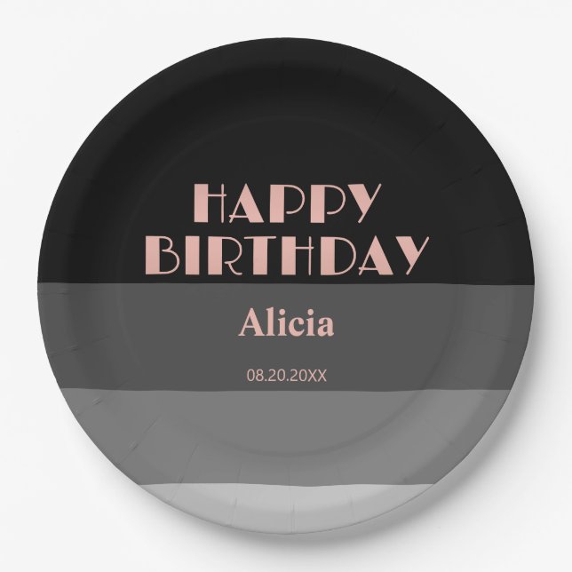 Prato De Papel Rosa Dourado Script Black Cinzas Strike Aniversári (Frente)