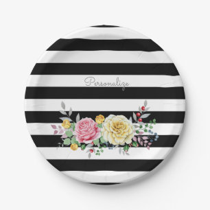 Prato De Papel Rosa Floral Chic Trendy Black Stripes e nome