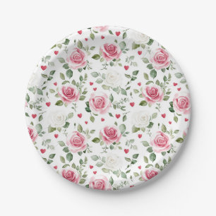 Prato De Papel Rosa Floral Hearts Chá de panela