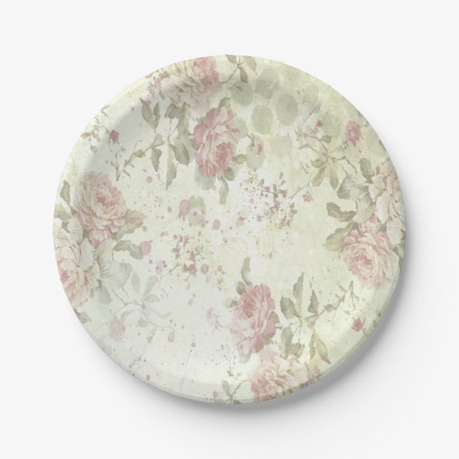 Prato De Papel Rosa Floral Shabby Chic Rosa (Frente)