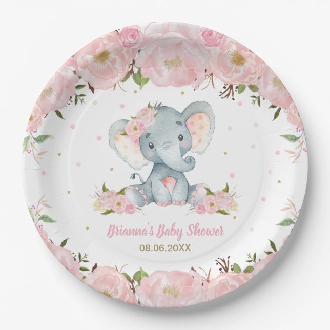 Prato De Papel Rosa Flores de Elefante Bebê Chove Aniversário (Frente)