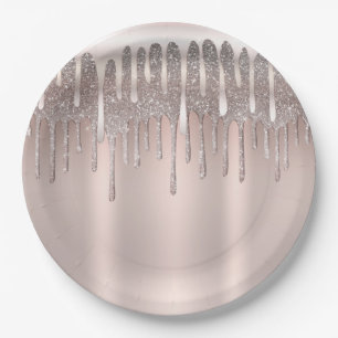Prato De Papel Rosa Gelado Ouro Rosado Diamante Brilho Gotejament
