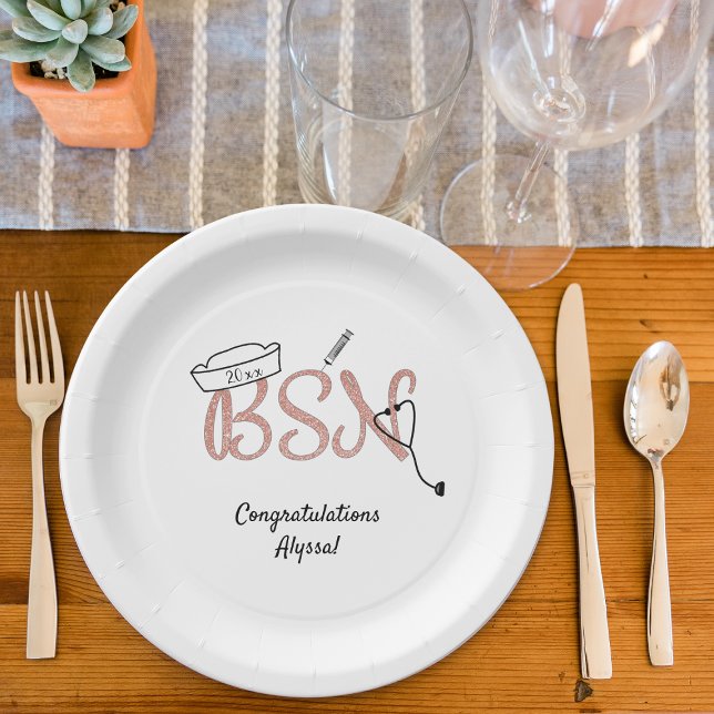 Prato De Papel Rosa glitter BSN Nurse - festa de graduação (Criador carregado)