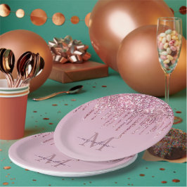 Prato De Papel Rosa Glitter Drives Monograma Personalizado E Nome