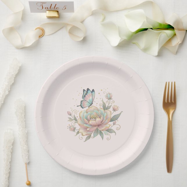 Prato De Papel Rosa Mágica e Borboleta Cores Pastel (Casamento)