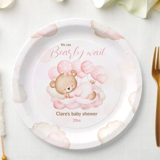 Prato De Papel Rosa, Podemos Ampliar As Placas De Papel Chá de fr (Pink We Can Bearly Wait Baby Shower Paper Plates)