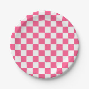 Prato De Papel Rosa quente e branco Checkered